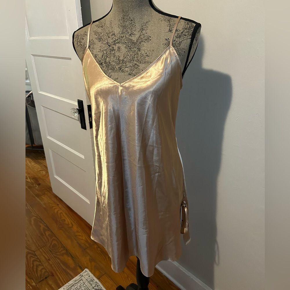 Champagne Beige Silky Nightie Camisole Slip Dress with Mesh Swirly Pattern Back